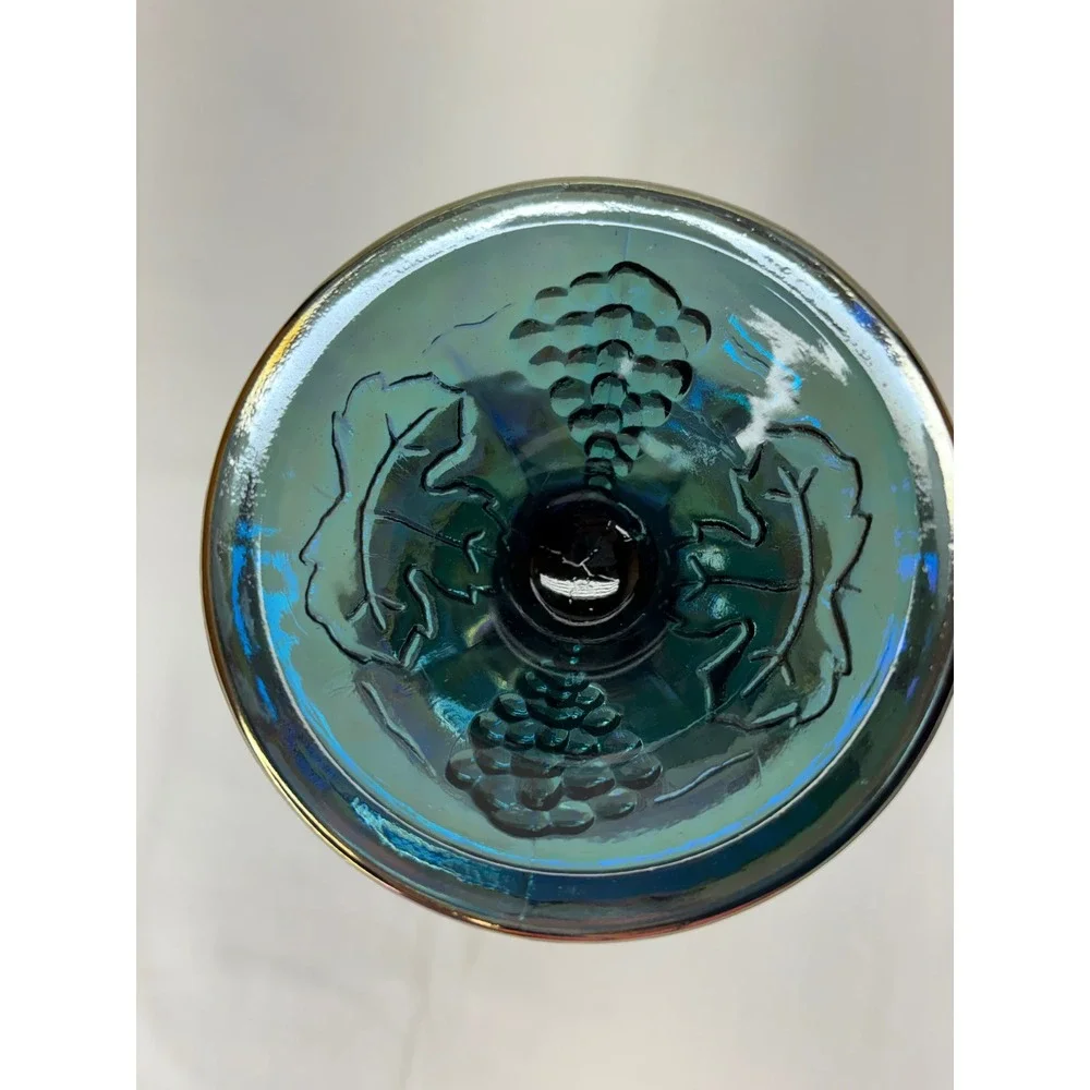 Vtg Carnival Glass HarvestGrape Compote Iridescent TealBlue Candy Dish Lid 9.75